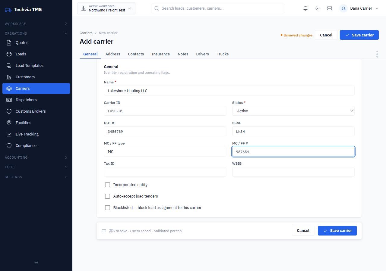 Add carrier General tab with name, carrier ID, DOT number, SCAC and MC number