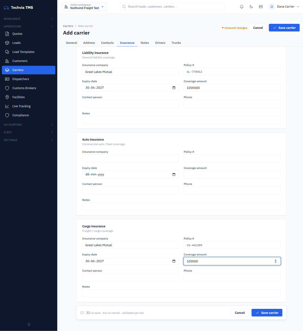 Carrier insurance tab with liability, auto and cargo coverage sections