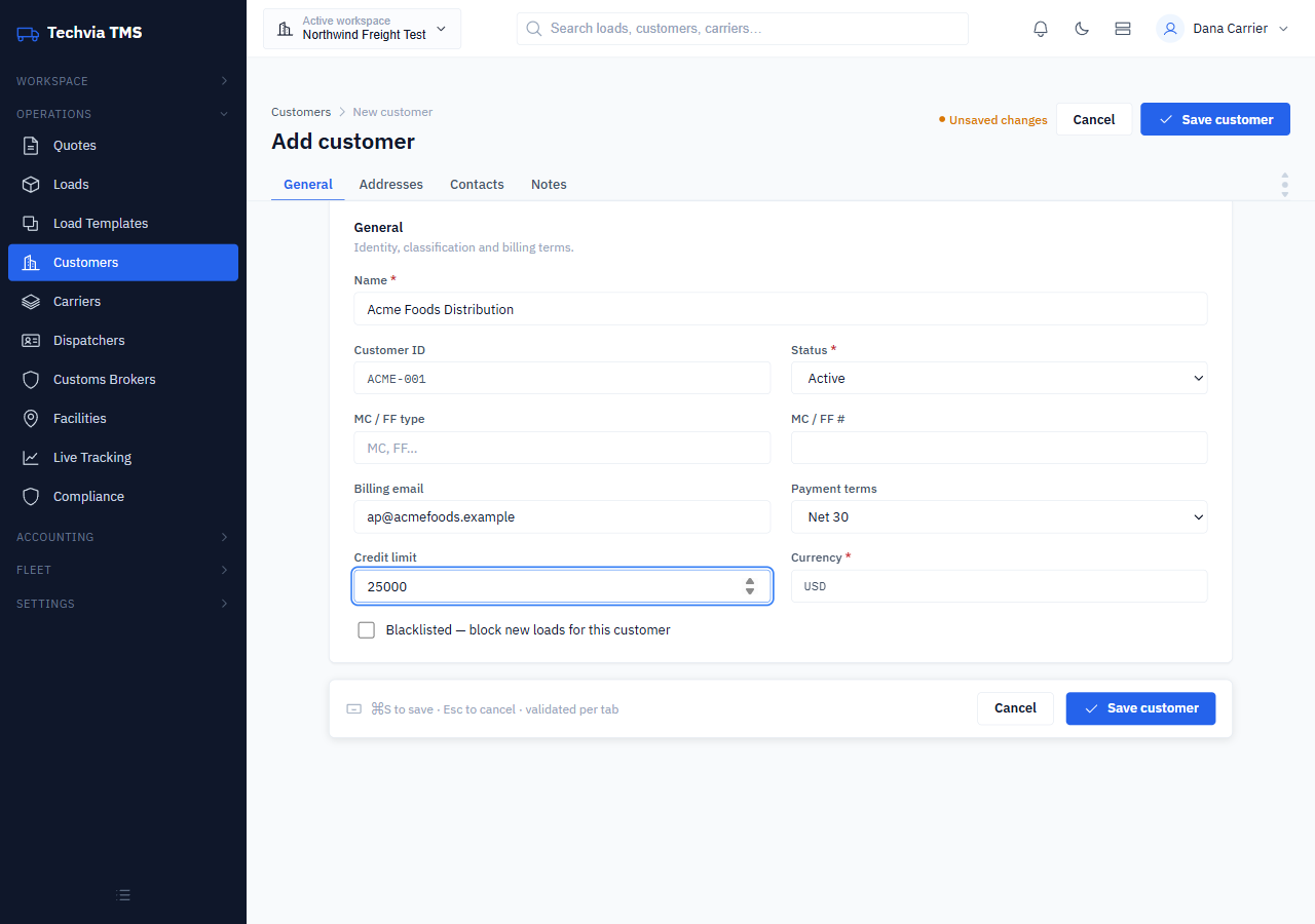 Add customer General tab with name, customer ID, billing email, payment terms and credit limit