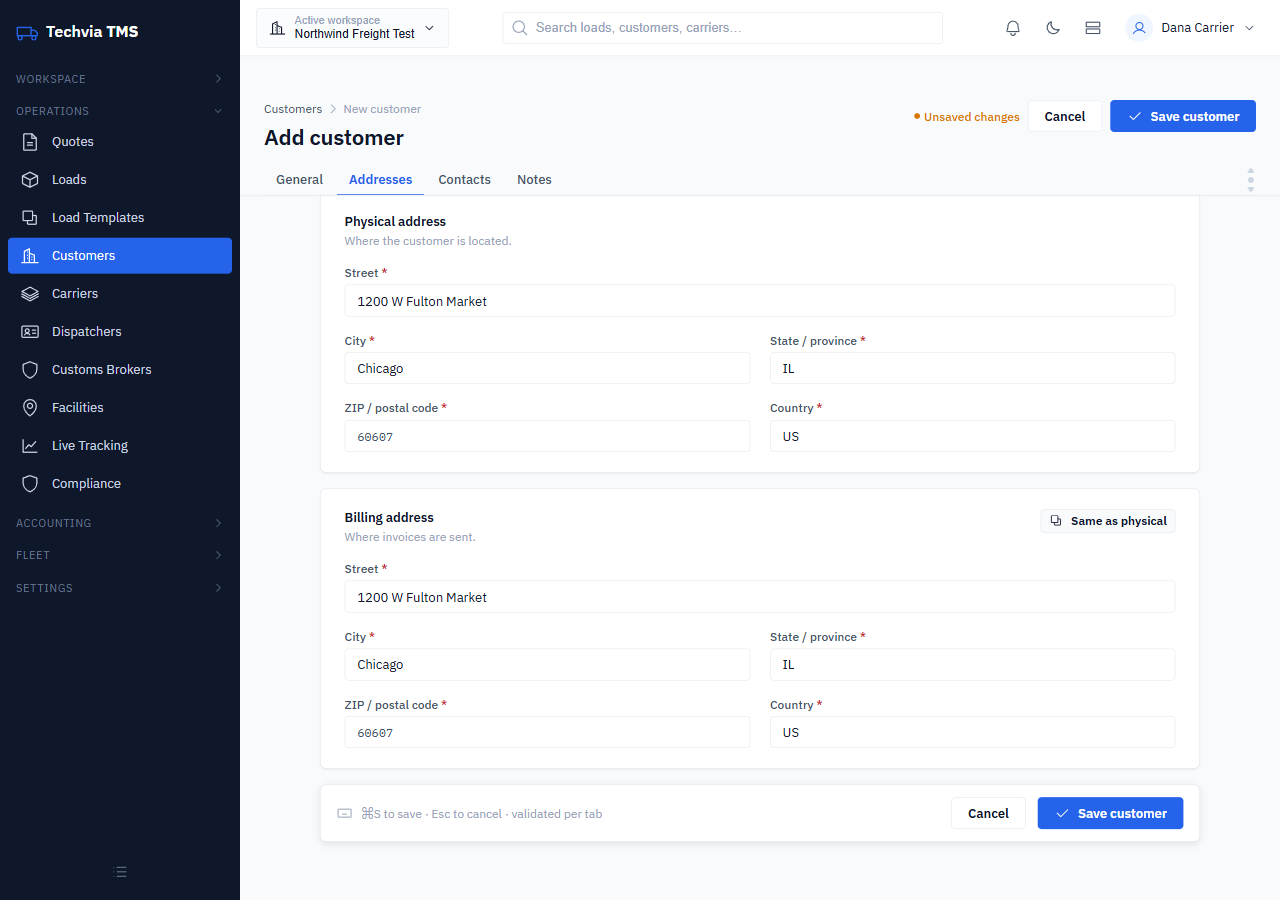 Customer addresses tab with physical and billing address fields