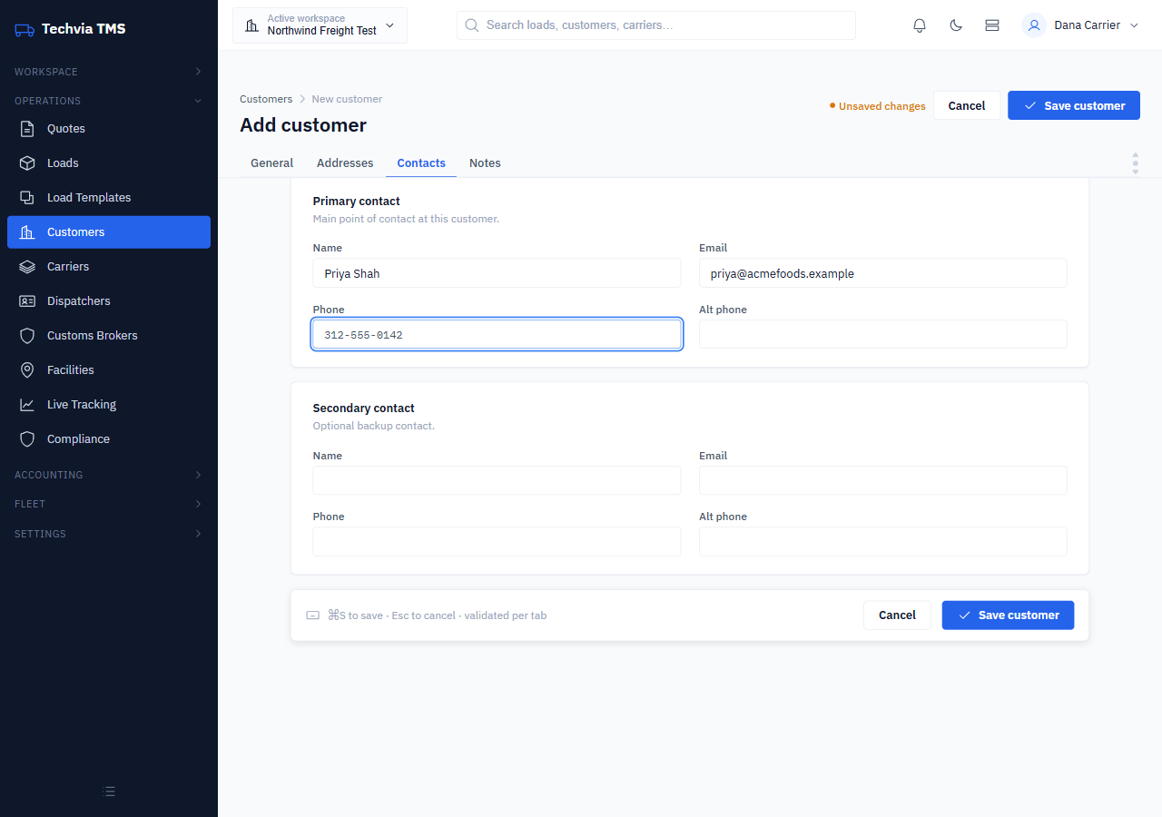 Customer contacts tab with primary and secondary contact fields
