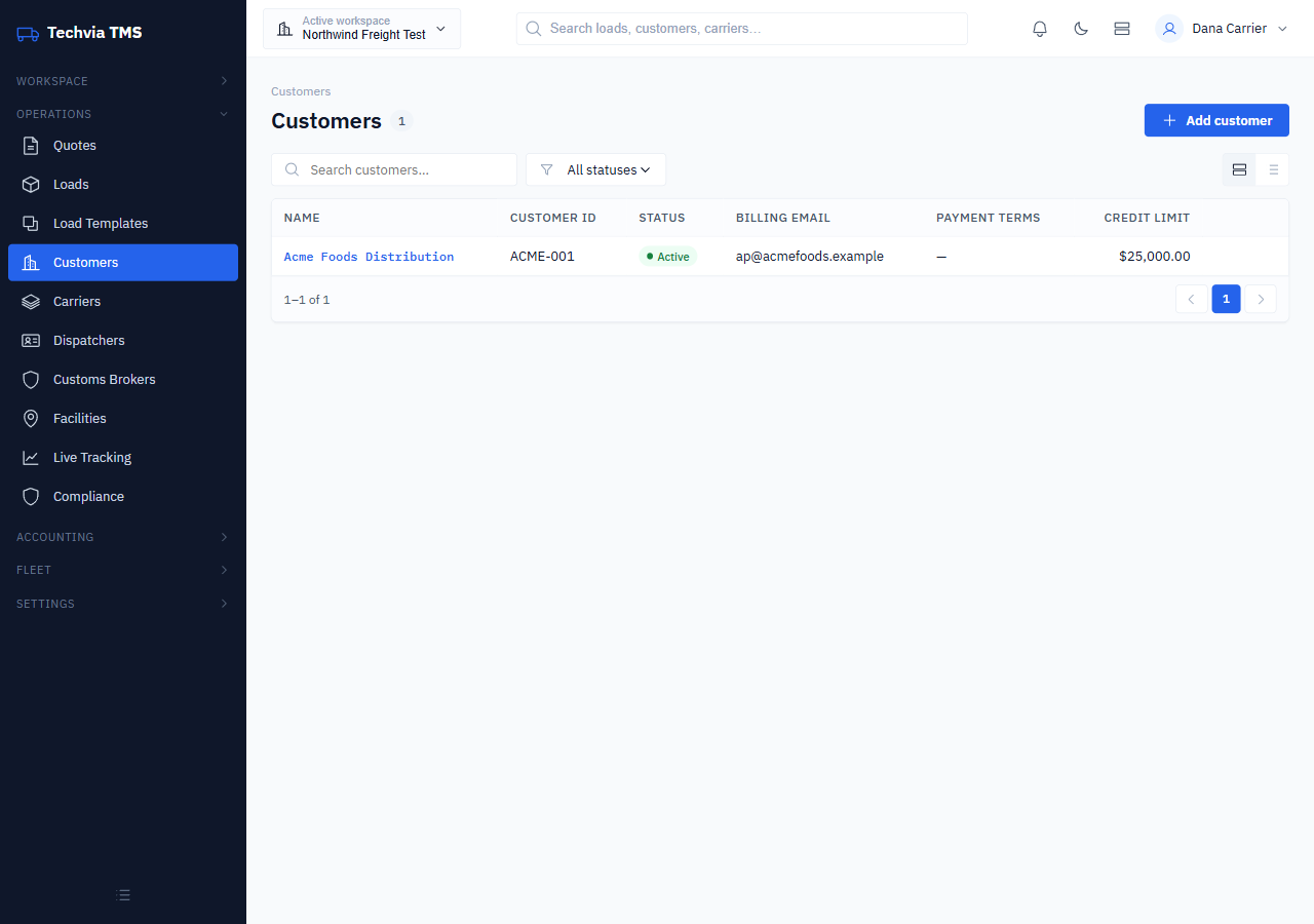 Customers list showing the new customer
