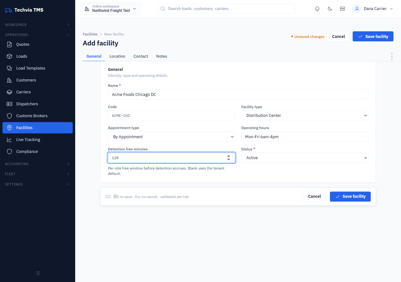 Add facility General tab with name, code, facility type and detention free minutes