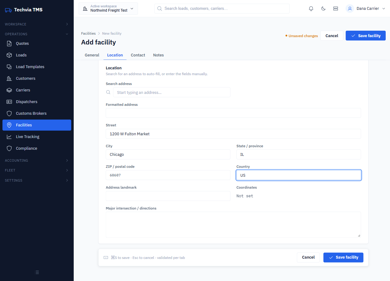 Facility Location tab with address search and address fields
