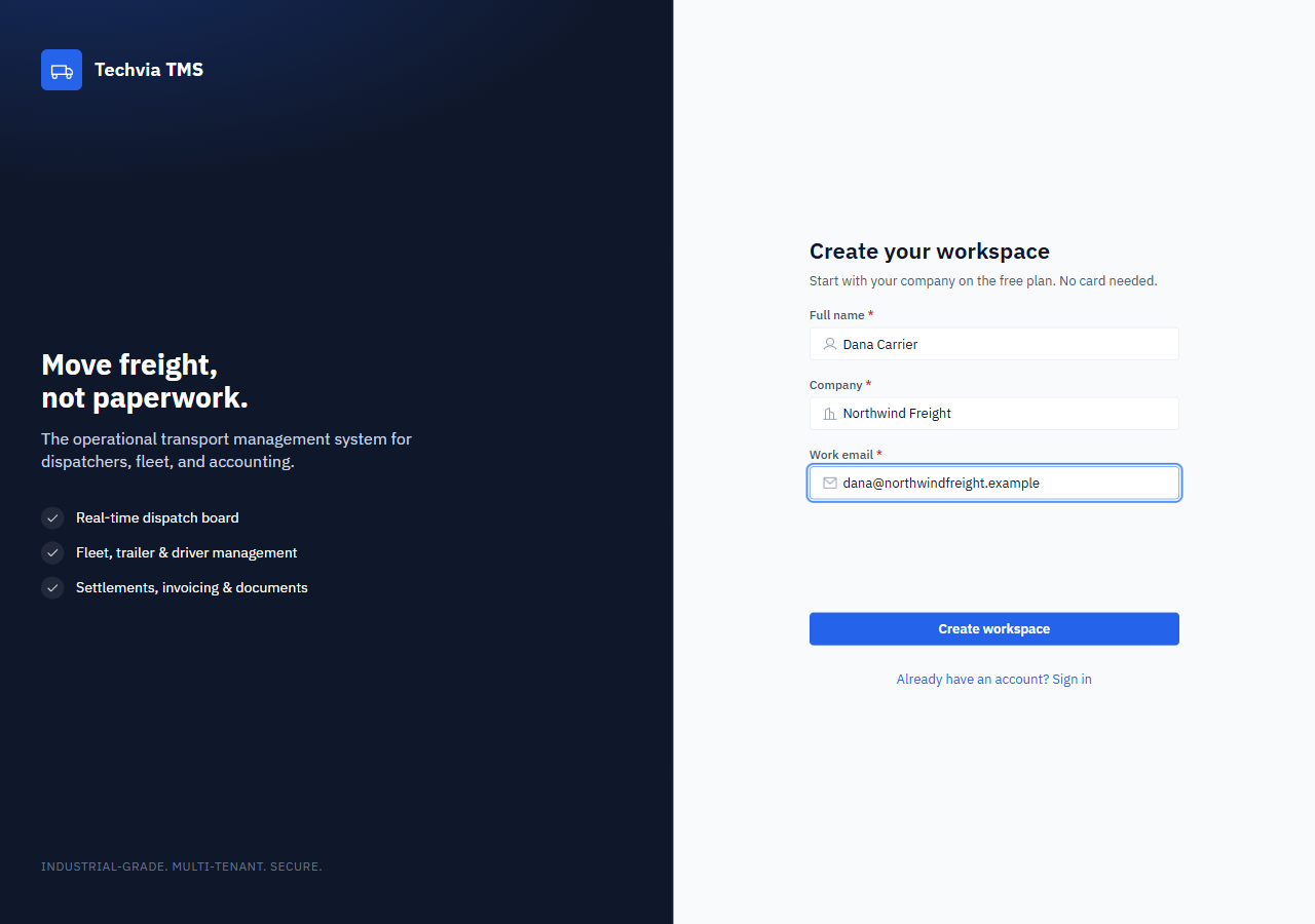 Techvia TMS create-your-workspace form with full name, company and work email fields