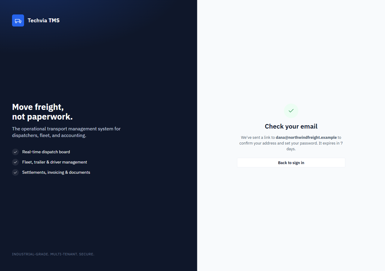 Check your email confirmation screen after creating a Techvia TMS workspace