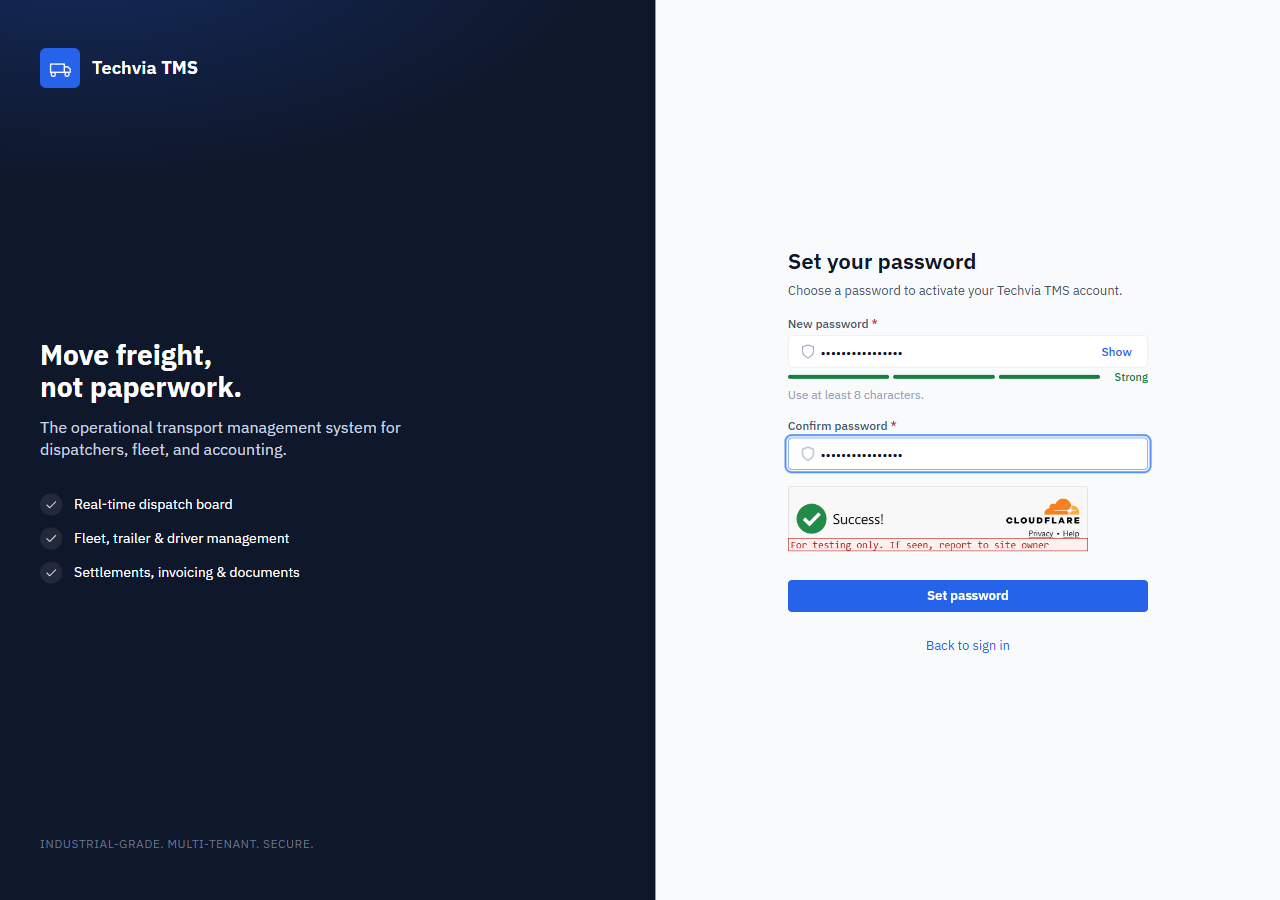 Set your password screen with new password and confirm password fields