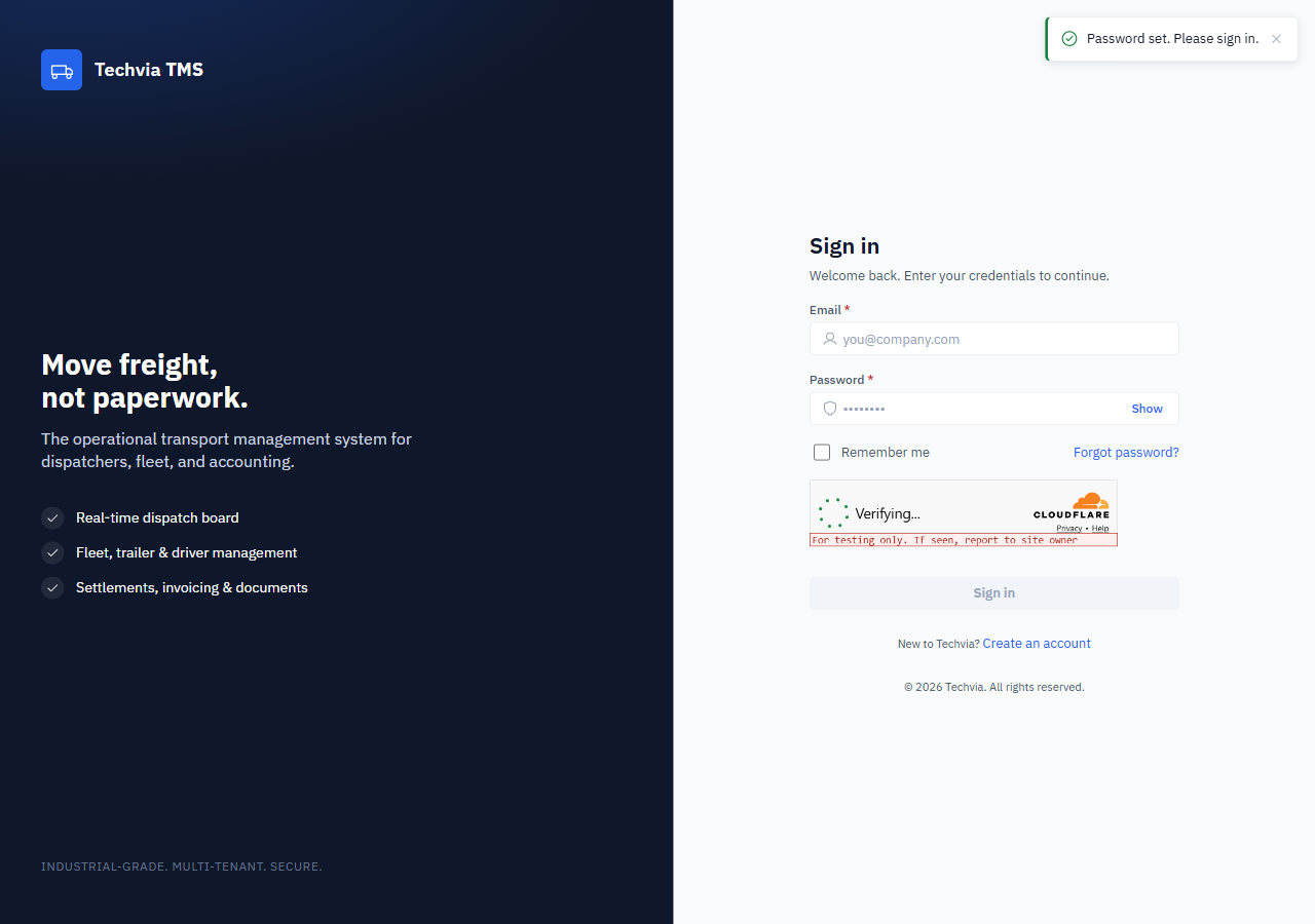 Sign-in screen showing the password set confirmation