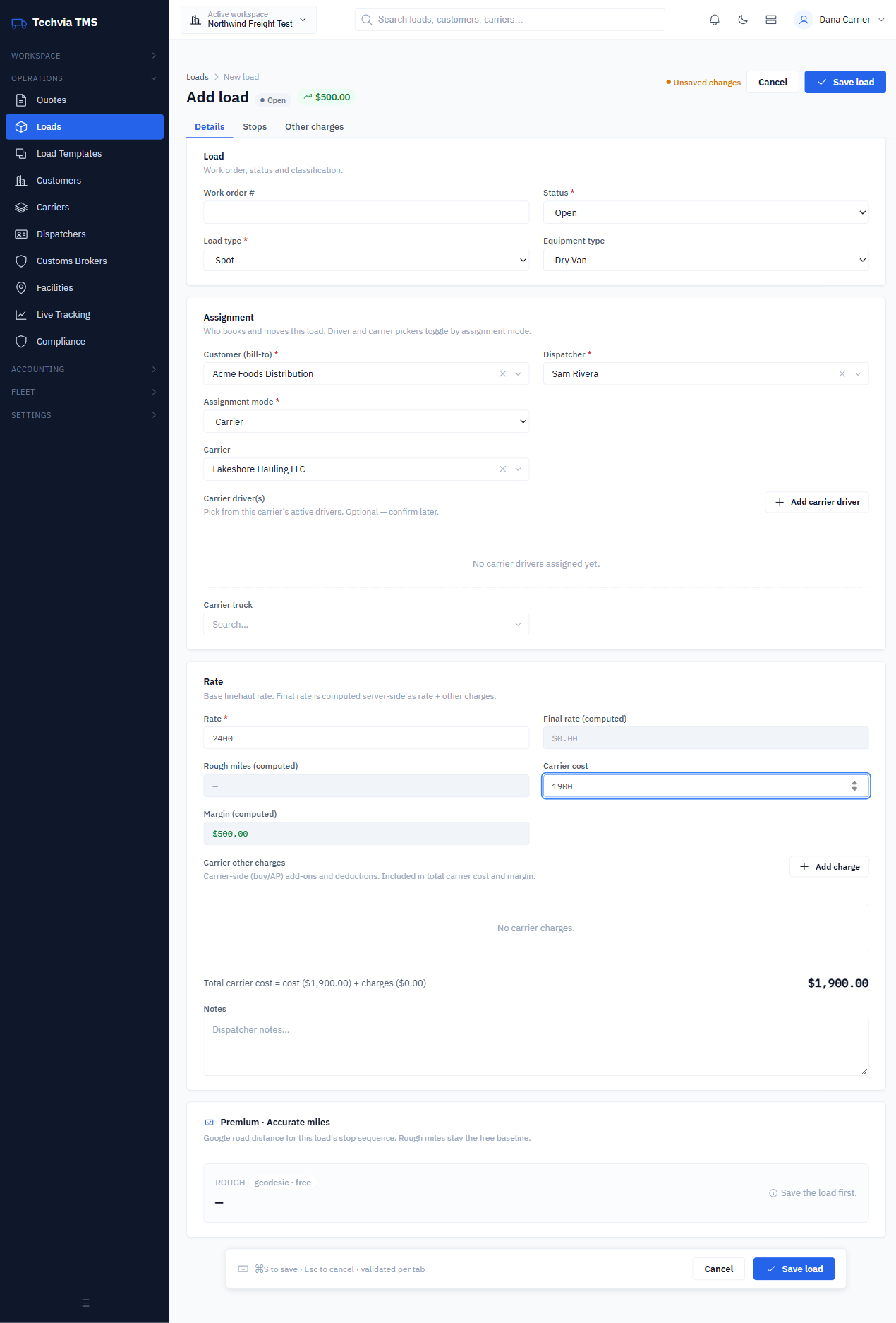 Add load Details tab with load, assignment and rate sections filled in