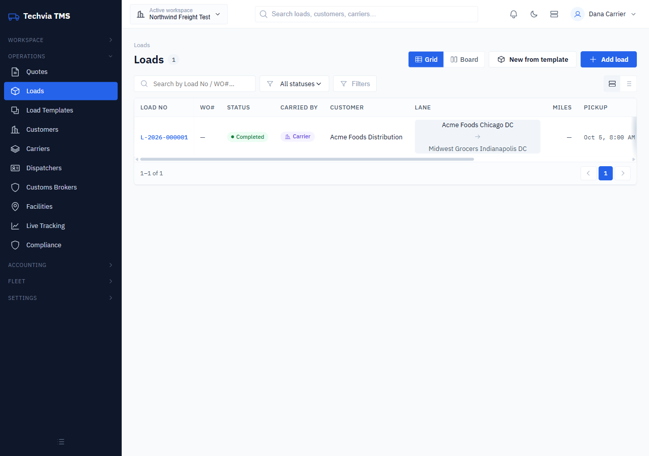 Loads list showing the new load with status, carrier, customer and lane
