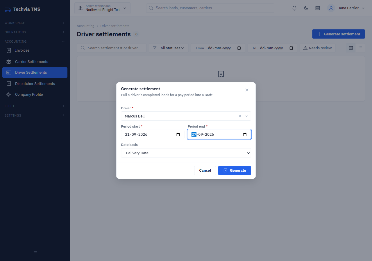 Generate settlement dialog with driver, period start, period end and date basis