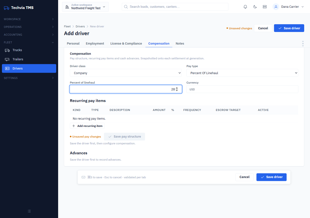 Driver compensation tab with driver class, pay type and percent of linehaul