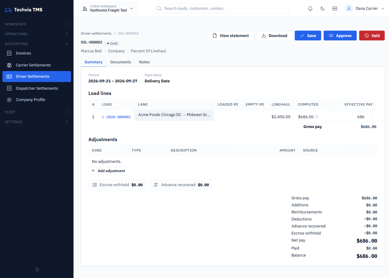 Draft driver settlement showing the load line, linehaul, computed pay and net pay