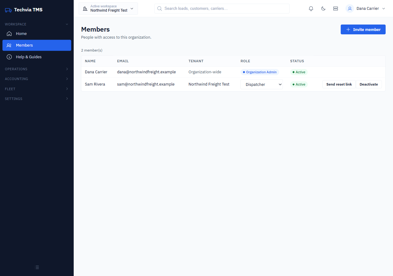 Techvia TMS Members list showing the organization admin and an active dispatcher
