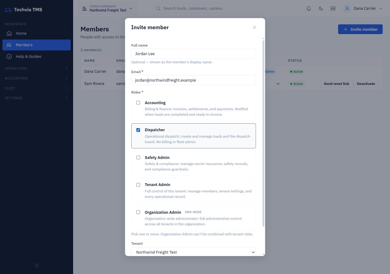 Invite member dialog with name, email, role checkboxes and tenant selector