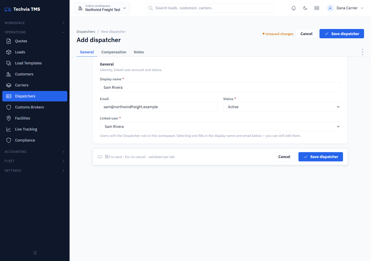 Add dispatcher form with the linked user dropdown filled in