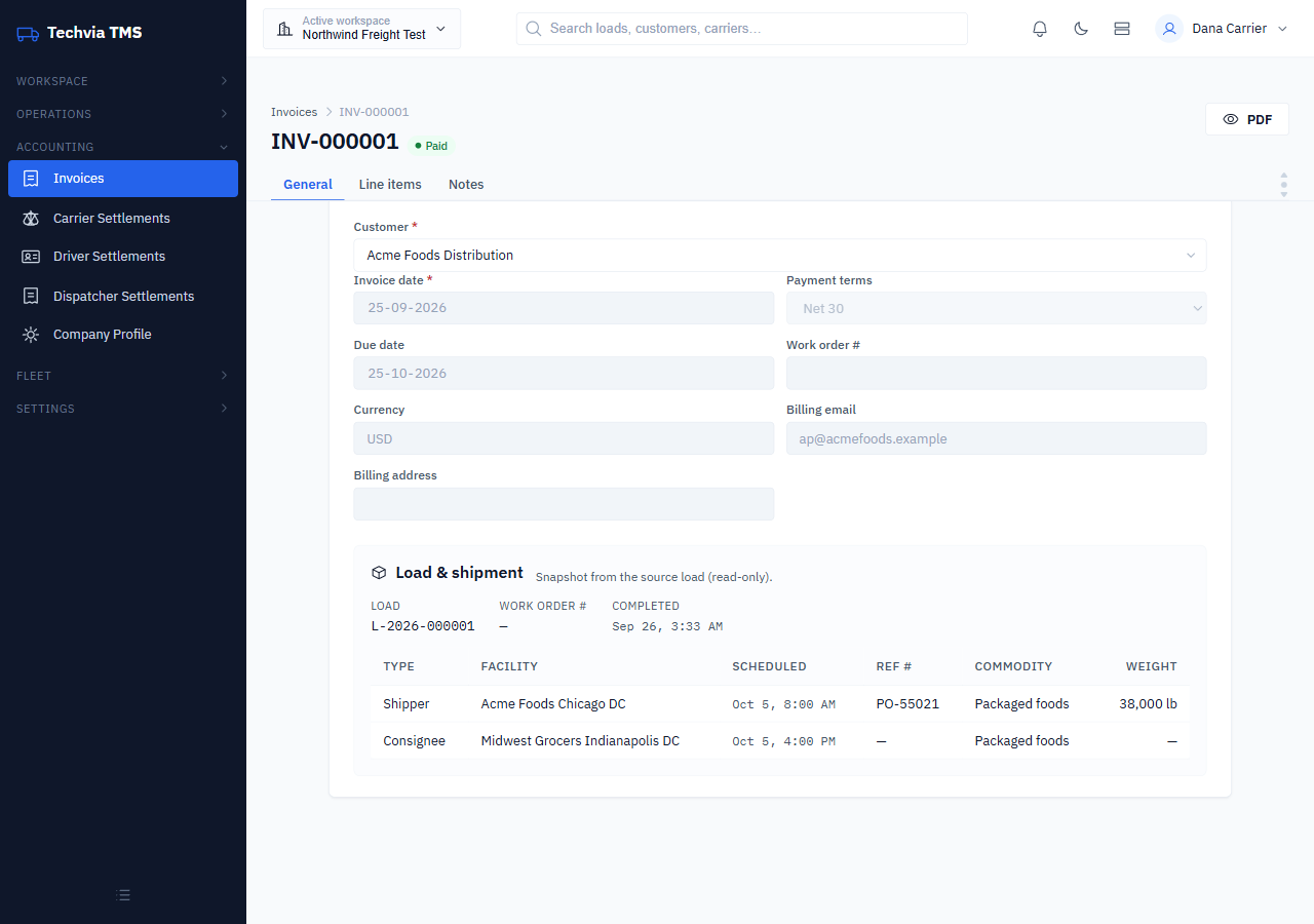 Invoice General tab showing customer, dates, terms, billing email and the load and shipment snapshot