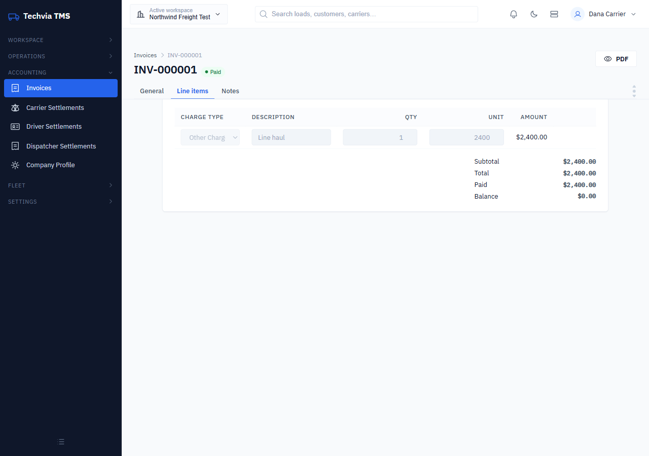Invoice line items tab showing a line haul line and totals for subtotal, total, paid and balance