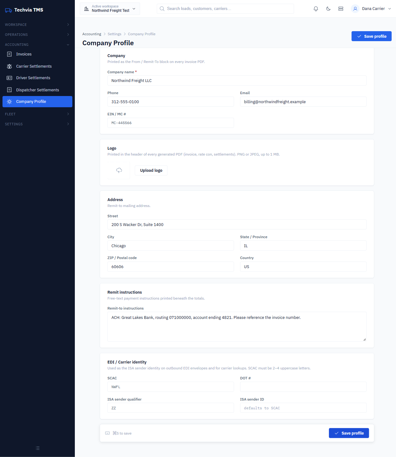 Company Profile page with company name, contact details, address and remit instructions