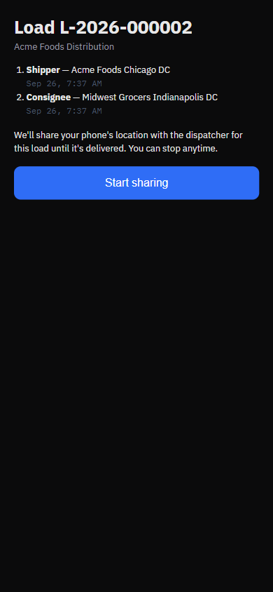 Driver tracking page on a phone before sharing, with a Start sharing button