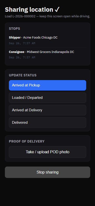 Driver phone page while sharing, with status buttons and POD upload