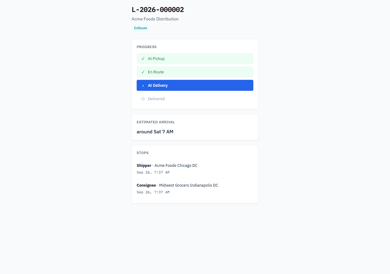 Customer shipment status page with progress steps, estimated arrival and stops