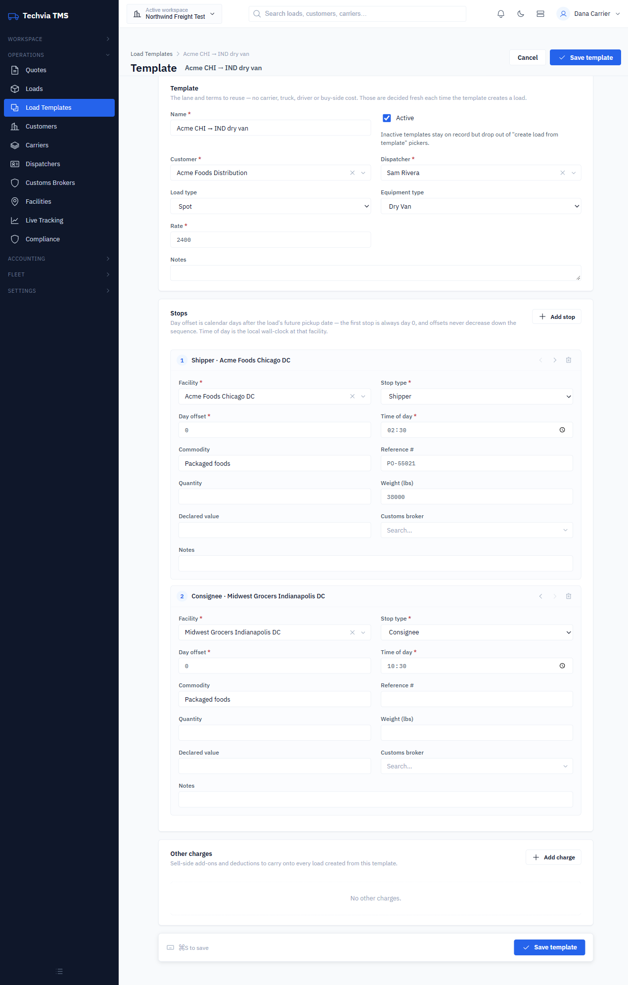 Load template editor showing customer, dispatcher, equipment, rate and two stops with day offsets