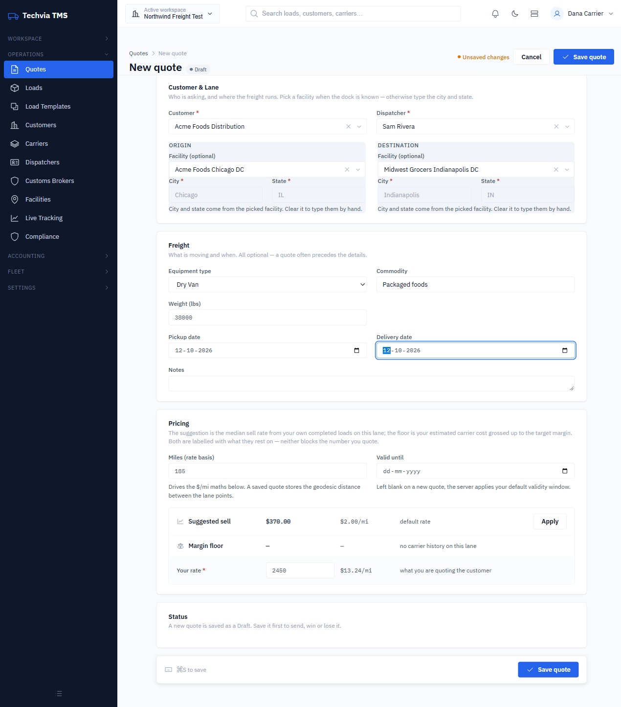 New quote form with customer, dispatcher, origin and destination facilities, freight details and pricing