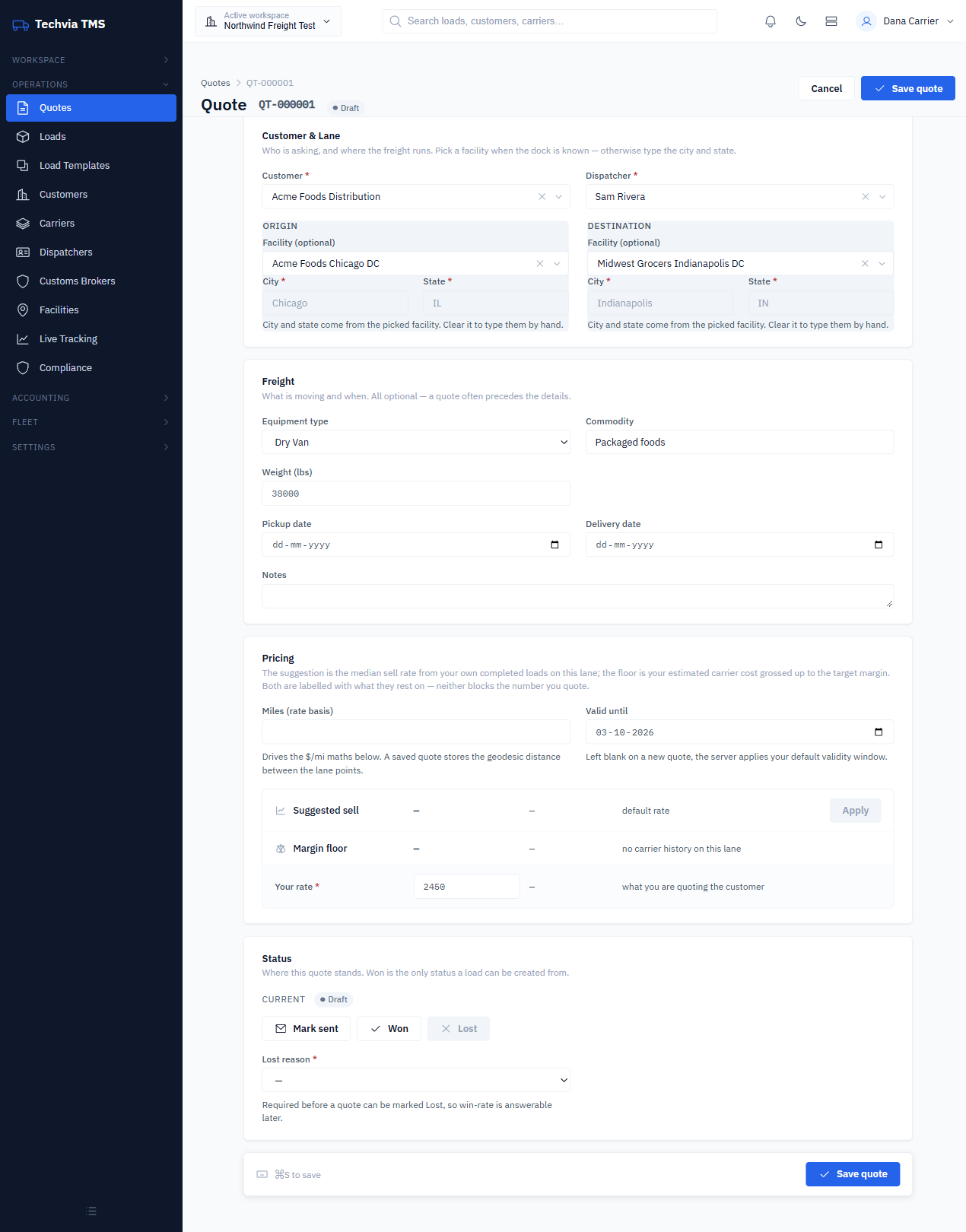 Saved quote QT-000001 in Draft status