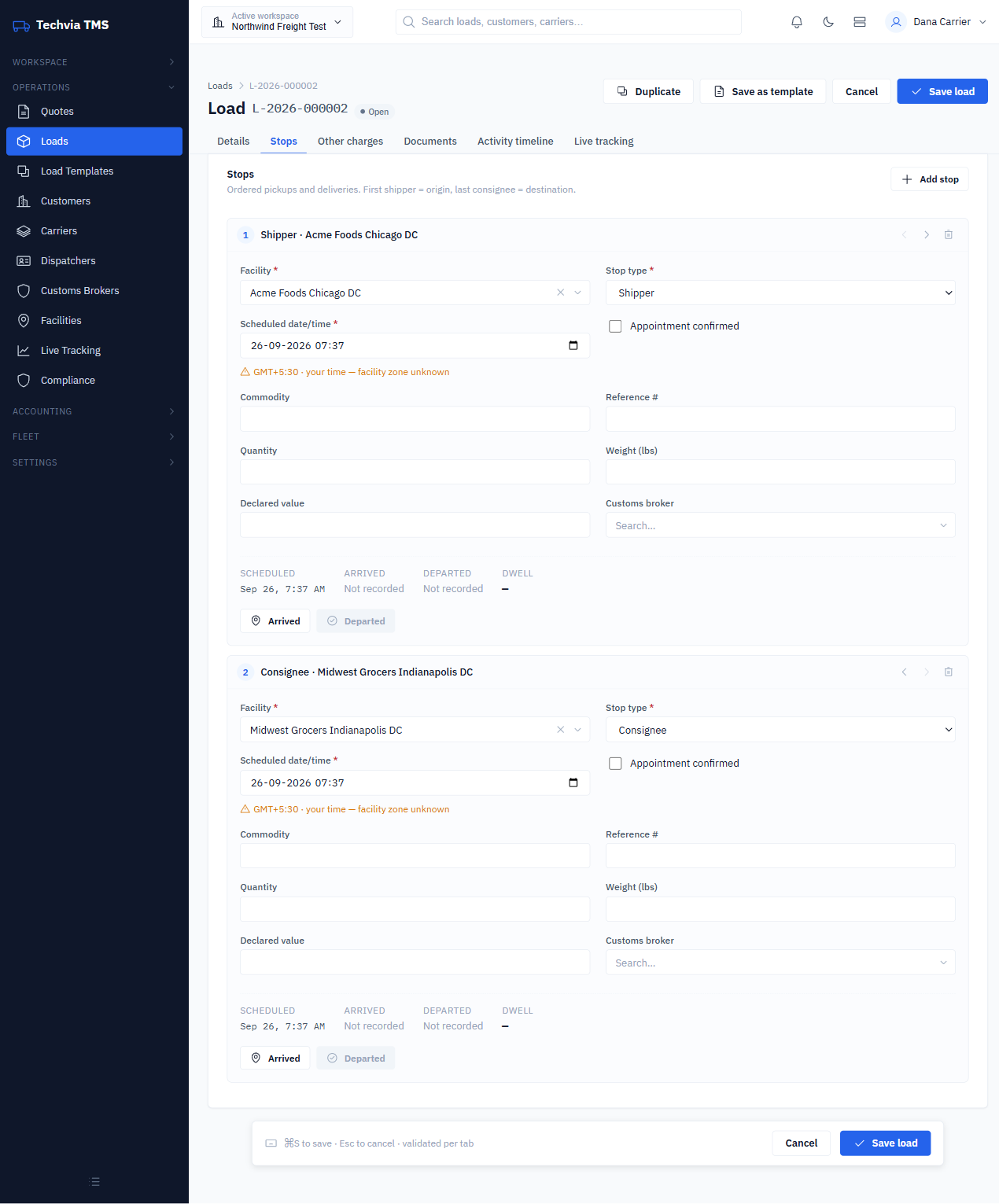 Converted load showing shipper and consignee stops carried over from the quote